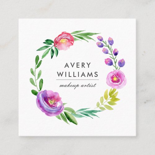 Bold Colorful Watercolor Floral Wreath  White Square Business Card