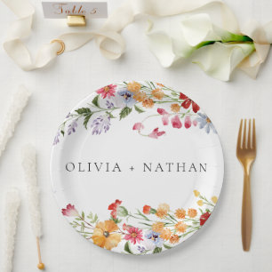Bold Colorful Watercolor Wildflowers Wedding Paper Plates