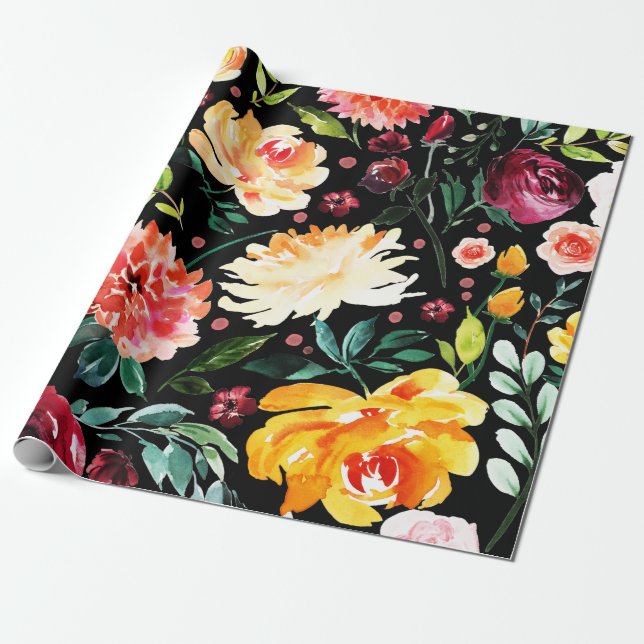 Bold colors flowers & foliage collage pattern wrapping paper (Unrolled)