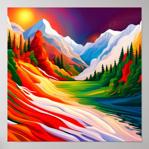 Bold Colors Mountain Forest River Landscape Poster