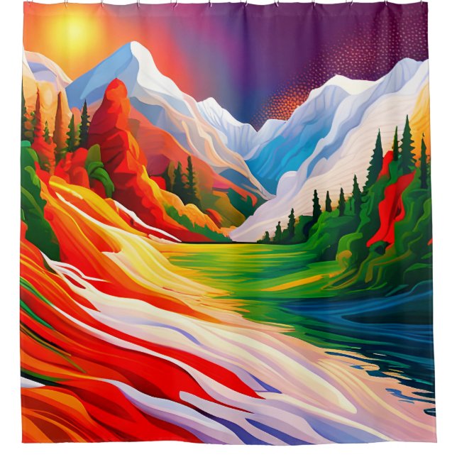Bold Colors Mountain Forest River Landscape Shower Curtain (Front)