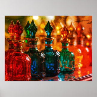 Bold Colors On Antique Perfume Bottles On a Wall Poster