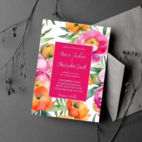 Bold colors pink orange peonies elegant wedding invitation