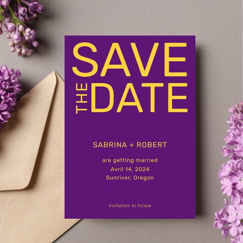 Bold Colors  Typograph Purple  Yellow Wedding  Save The Date