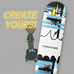 Bold Comic Pop Art Pastel Blue Lightning Skateboard