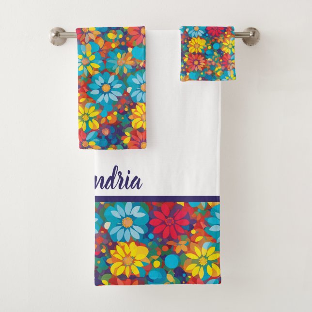 Bold Contemporary Floral Pattern Vibrant Daisies Bath Towel Set (Insitu)