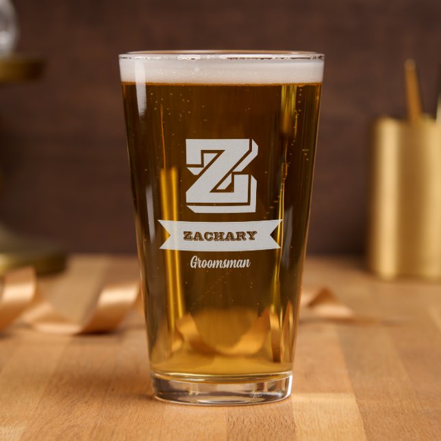 Bold Cool Font Monogram Groomsman Wedding Favor Pint Glass (Party)