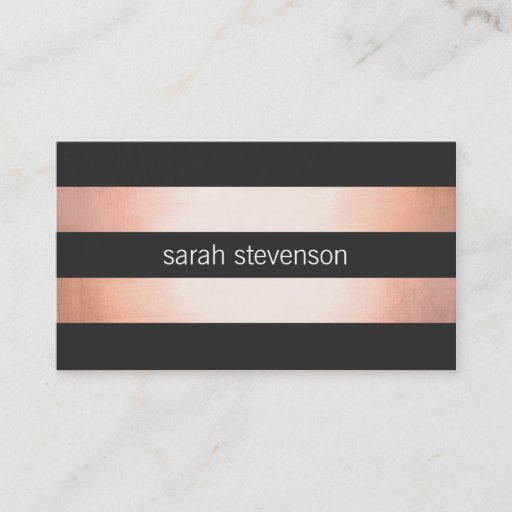 Customizable Pink Copper Faux Foil Black Striped Modern Business Card
