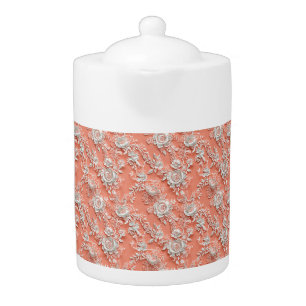 Bold Coral Floral Lace-Effect Porcelain Teapot 2