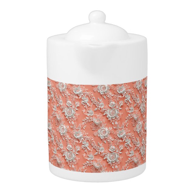 Bold Coral Floral Lace-Effect Porcelain Teapot 2 (Front)
