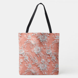 Bold Coral Floral Lace Large Shoulder Tote Bag