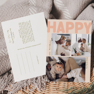 Bold Coral Year In Review Vertical 3 Photo Happy Holiday Postcard