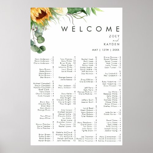 Bold Country Sunflower  Alphabetical Seating Poster