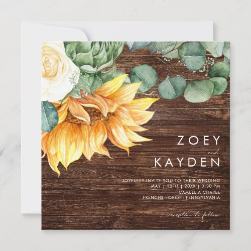 Bold Country Sunflower bouquet Wood Square Wedding Invitation