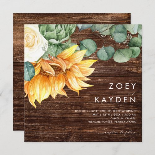 Bold Country Sunflower bouquet Wood Square Wedding Invitation