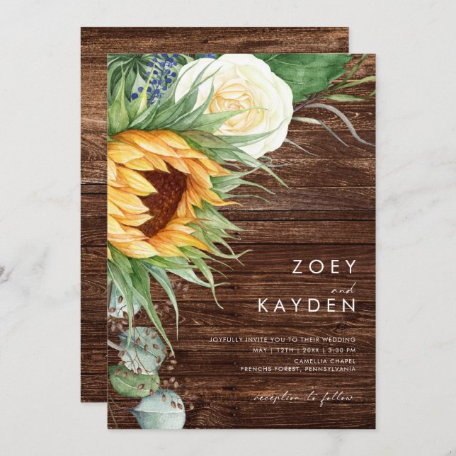 Bold Country Sunflower | Casual Wood Wedding Invitation (Front/Back)