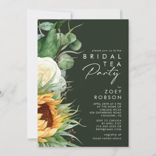 Bold Country Sunflower Dark Green Bridal Tea Party Invitation