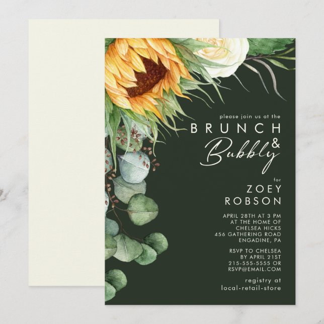 Bold Country Sunflower Dark Green Brunch & Bubbly Invitation (Front/Back)
