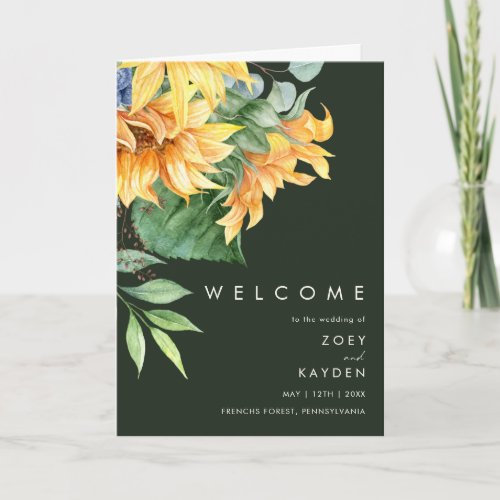 Bold Country Sunflower  Dark Green Folded Wedding Program