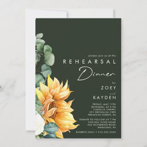 Bold Country Sunflower Dark Green Rehearsal Dinner Invitation