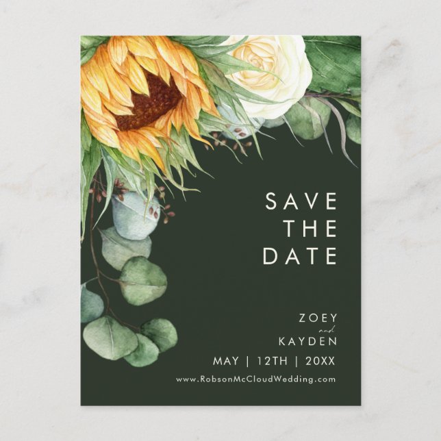 Bold Country Sunflower | Dark Green Save The Date Invitation Postcard (Front)