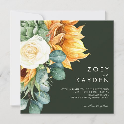 Bold Country Sunflower  Dark Green Square Wedding Invitation