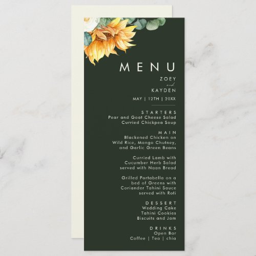 Bold Country Sunflower  Dark Green Wedding Dinner Menu