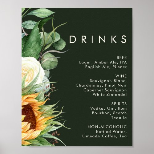 Bold Country Sunflower  Dark Green Wedding Drinks Poster