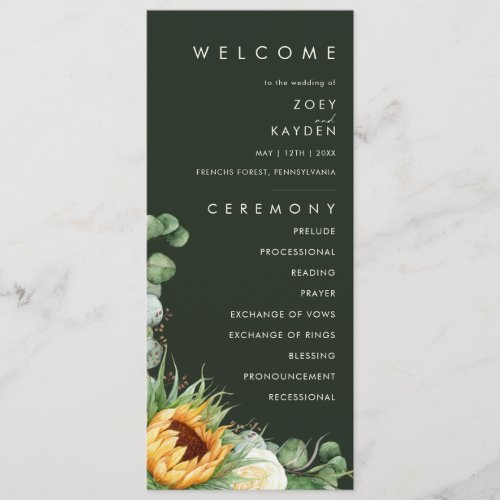 Bold Country Sunflower  Dark Green Wedding Program