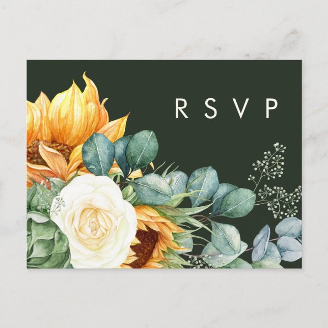 Bold Country Sunflower | Dark Green Wedding RSVP Postcard (Front)