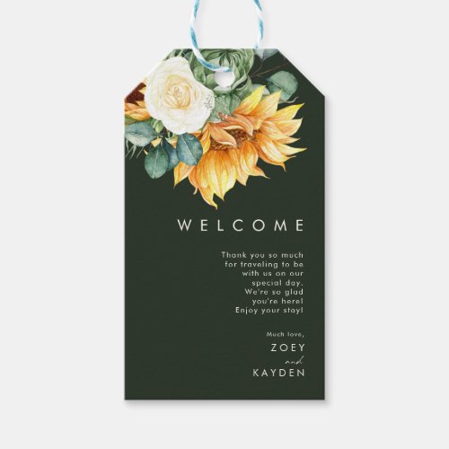 Bold Country Sunflower Dark Green Wedding Welcome Gift Tags