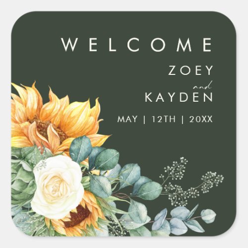 Bold Country Sunflower Dark Green Wedding Welcome Square Sticker