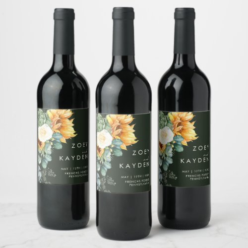 Bold Country Sunflower  Dark Green Wedding Wine Label