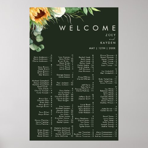 Bold Country Sunflower Green Alphabetical Seating Poster