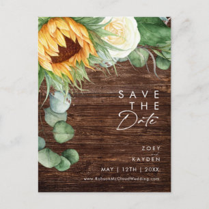 Bold Country Sunflower Script Wood Save The Date Invitation Postcard