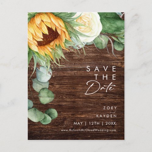 Bold Country Sunflower Script  Wood Save The Date Invitation Postcard