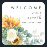 Bold Country Sunflower | Wedding Welcome Square Sticker<br><div class="desc">This bold country sunflower | wedding welcome square sticker is perfect for your simple classic boho summer backyard barn wedding. Design features a bouquet of vintage watercolor yellow gold and rustic orange sunflowers, elegant modern sage green eucalyptus greenery, and a white ivory rose. The design is ideal for a casual...</div>