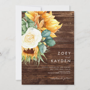Bold Country Sunflower Wood All In One Wedding Invitation