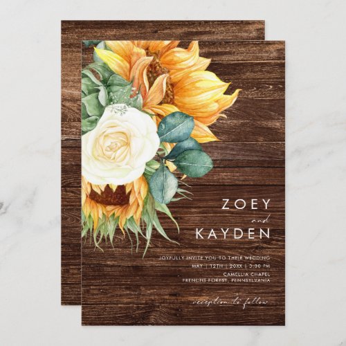 Bold Country Sunflower  Wood All In One Wedding Invitation