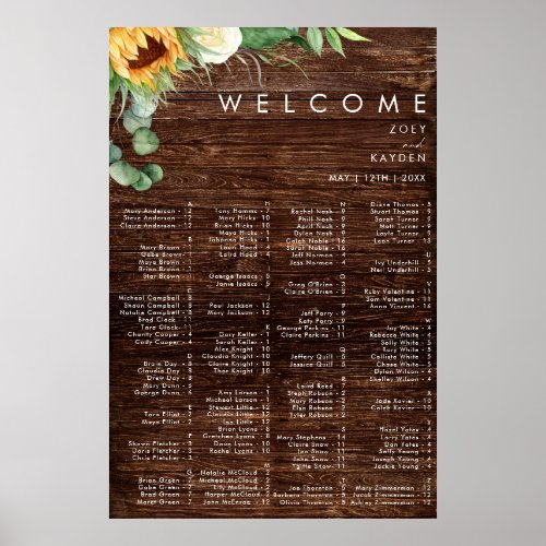 Bold Country Sunflower  Wood Alphabetical Seating Poster