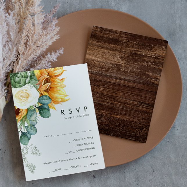 Bold Country Sunflower Wood Menu Choice RSVP Card (Creator Uploaded)