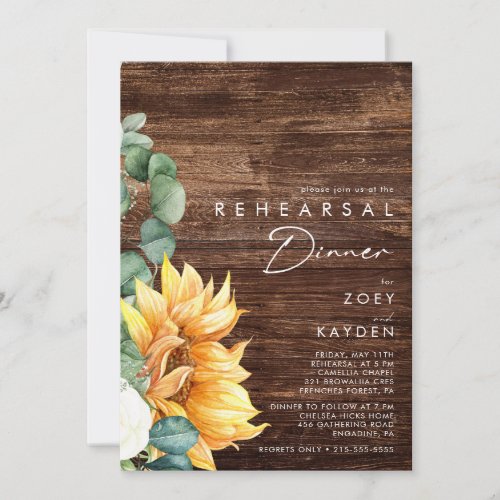 Bold Country Sunflower  Wood Rehearsal Dinner Invitation