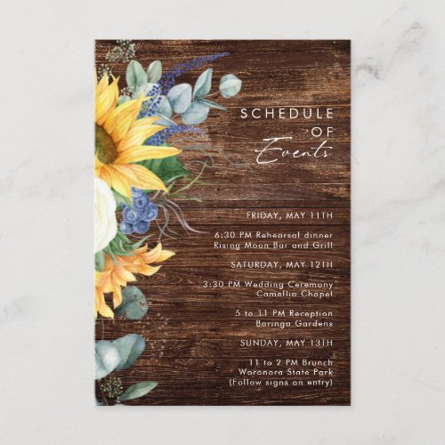 Bold Country Sunflower  Wood Schedule of Events Enclosure Card