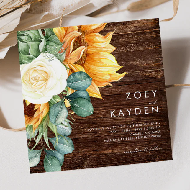 Bold Country Sunflower | Wood Square Wedding Invitation
