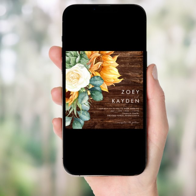Bold Country Sunflower | Wood Square Wedding Invitation (Front Digital)