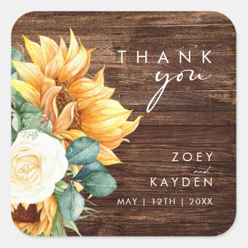 Bold Country Sunflower  Wood Thank You Wedding Square Sticker