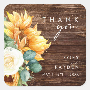 Bold Country Sunflower Wood Thank You Wedding Square Sticker