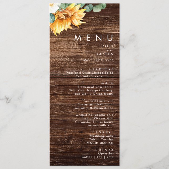 Bold Country Sunflower | Wood Wedding Dinner Menu (Front)