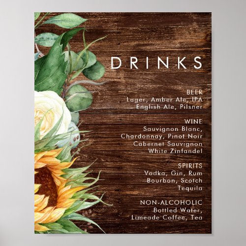 Bold Country Sunflower  Wood Wedding Drinks Poster