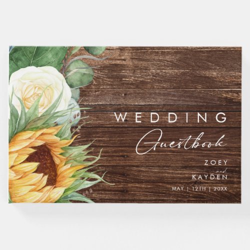 Bold Country Sunflower  Wood Wedding Guest Book